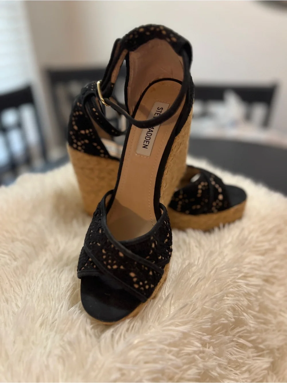 Steve Madden Black Lace Espadrille Wedge Sandals with Jute Platform